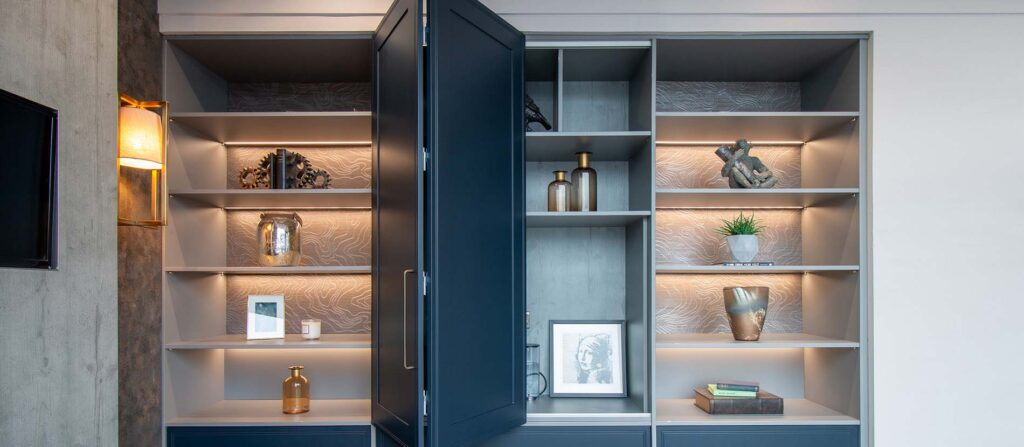 indigo blue bifold door open with shelving