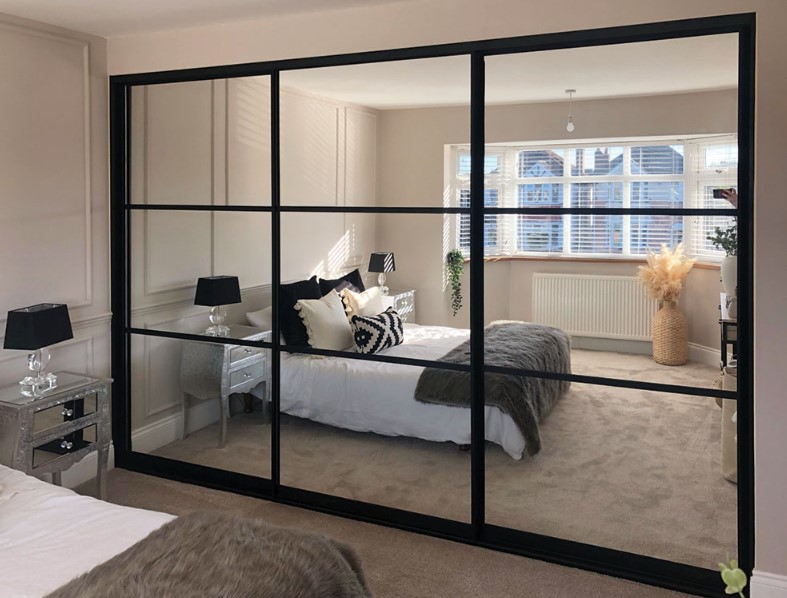 black frame mirrored wardrobe