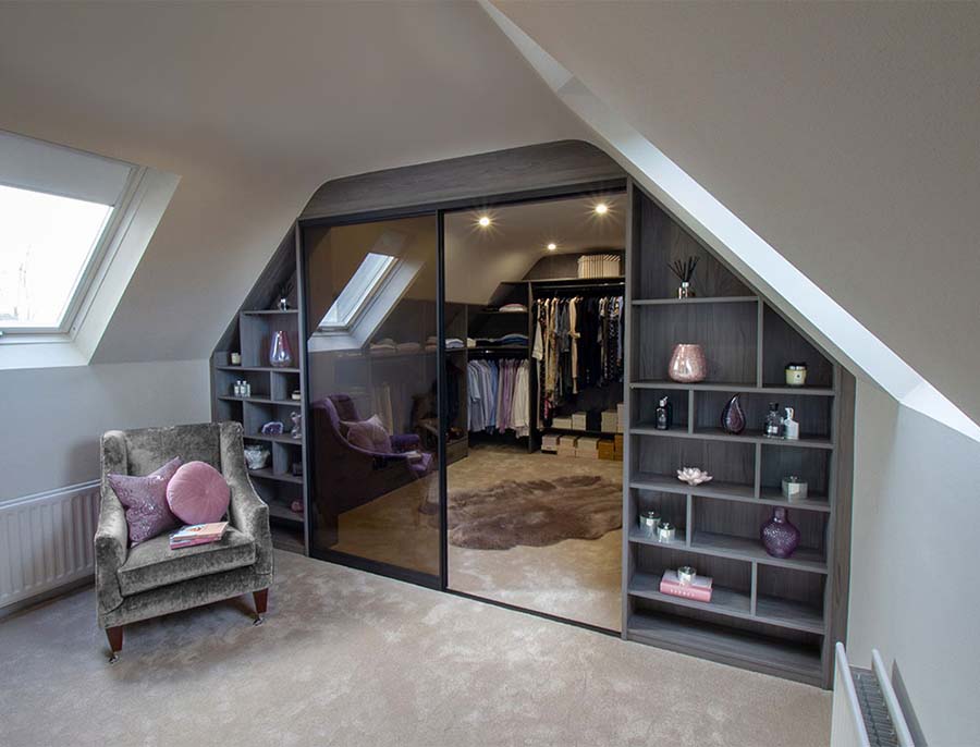 close up of walk in angled wardrobe