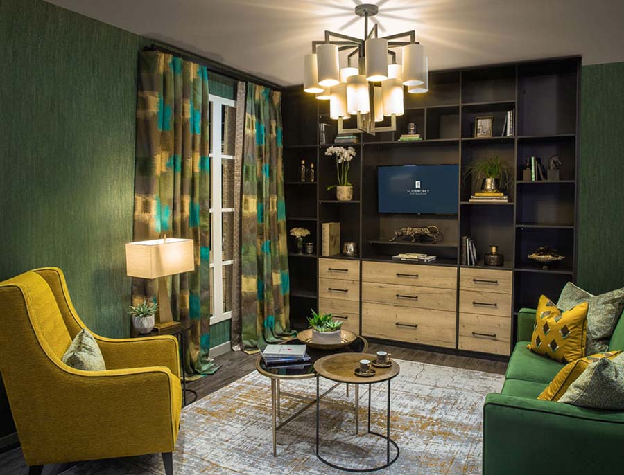living room media unit with tv, shelves and drawers